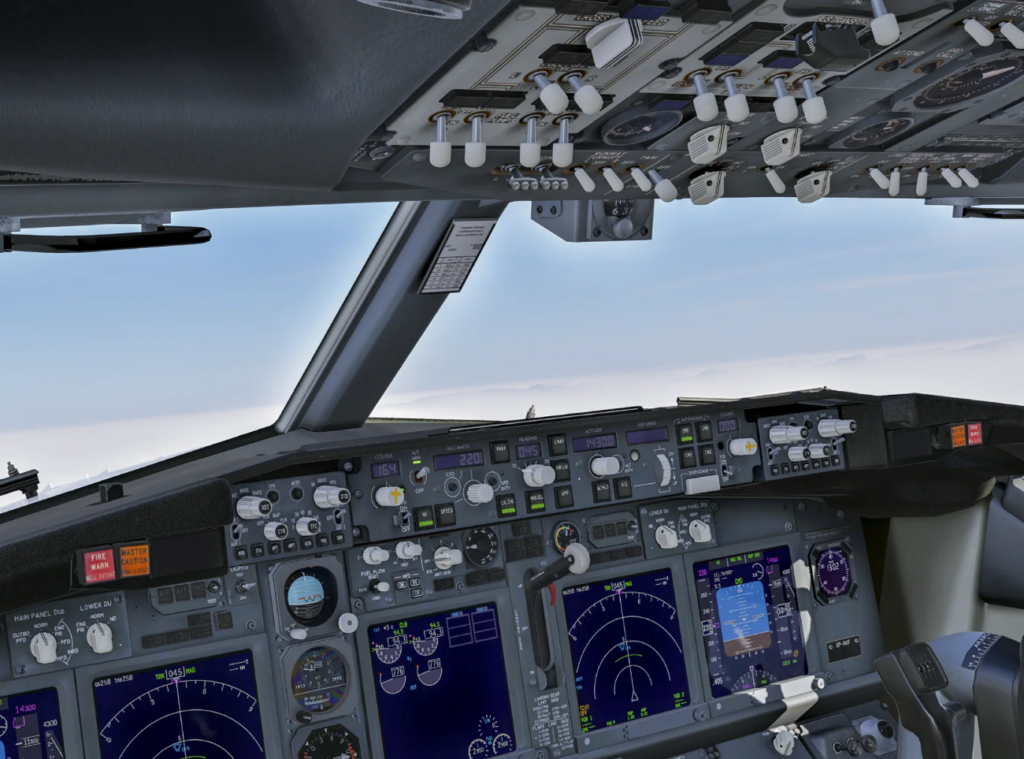 Zibo Boeing 737-800X cockpit overhead panel alongside Flight Panels Stream Deck interface for X-Plane 12