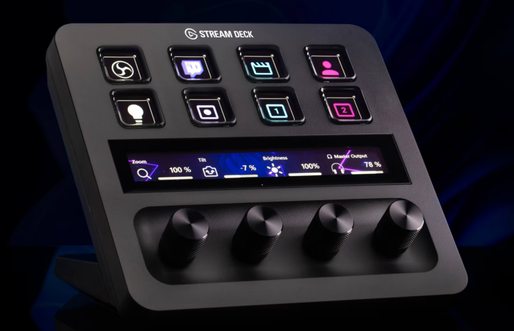 Elgato Stream Deck Plus controller with customizable buttons and dials for Flight Panels X-Plane 12 cockpit interaction