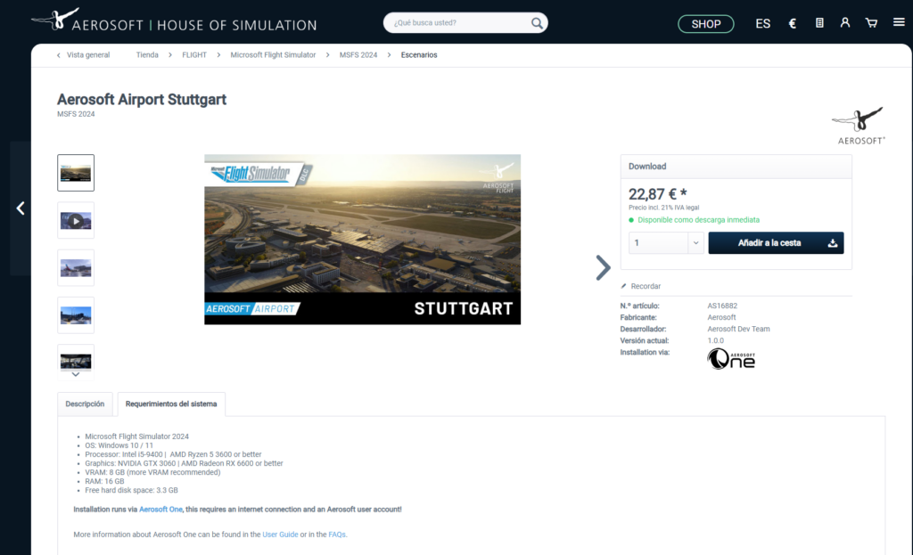 Aerosoft Stuttgart Airport product page MSFS 2024 price download scenery preview Germany