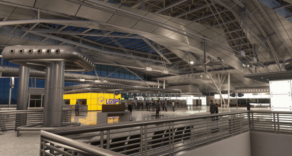 Highly detailed Porto Airport interior with passengers and lighting in MK Studios MSFS 2024 scenery