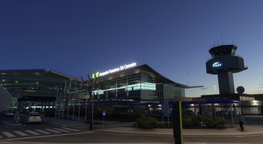Porto Airport terminal and control tower at dusk with realistic night lighting in MSFS 2024