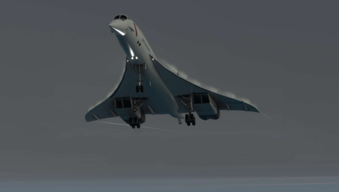 DC Designs Concorde for MSFS 2024 taking off in British Airways livery with landing gear deployed and visible vapor effects