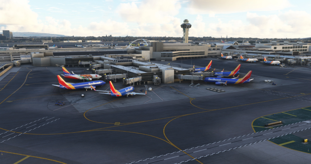 Los Angeles International Airport (KLAX) apron with multiple parked aircraft using FSLTL static traffic Microsoft Flight Simulator 2024