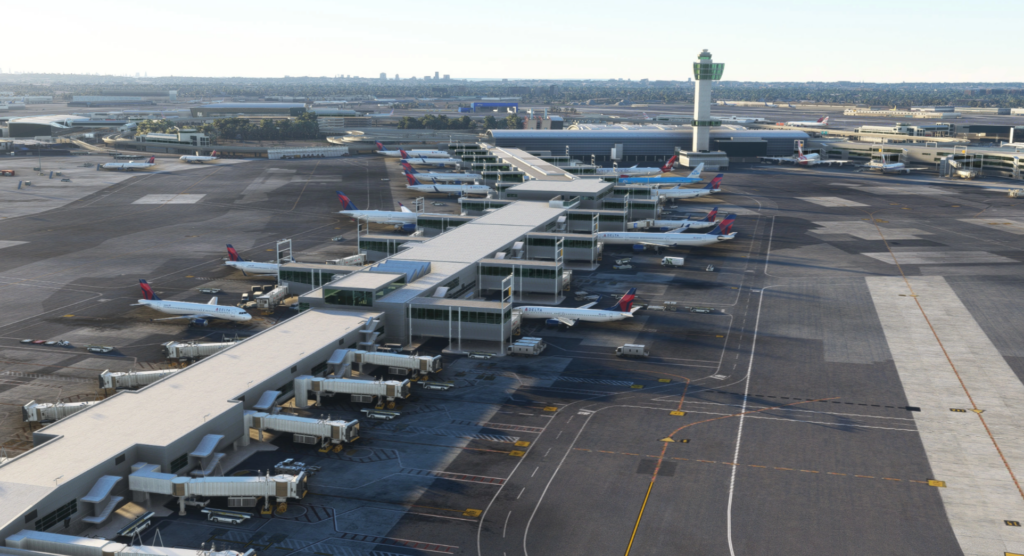 New York JFK Airport (KJFK) apron with parked aircraft using FSLTL traffic injection MSFS 2024