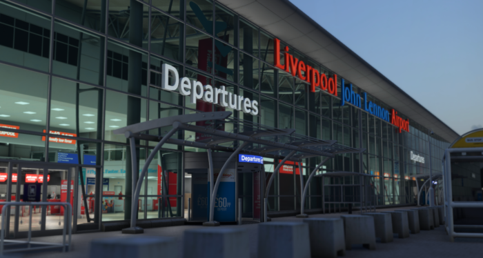 Liverpool John Lennon Airport departures terminal (EGGP) in Microsoft Flight Simulator 2024 scenery by iniBuilds