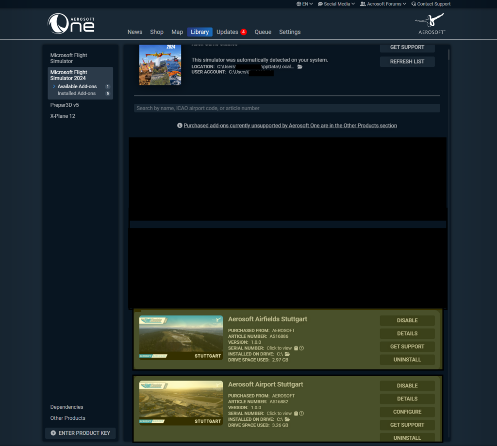 Aerosoft One launcher Stuttgart Airport installation MSFS 2024 addon manager interface