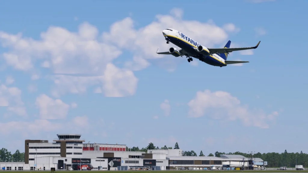 Ryanair Zibomod B737-800X departing Cardiff Airport in X-Plane 12, with detailed terminal buildings and realistic environment by SoFly