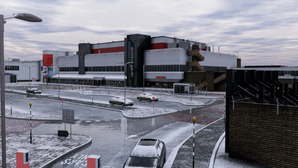 Cardiff Airport winter environment in X-Plane 12 with snow effects, wet surfaces, and realistic lighting created by SoFly