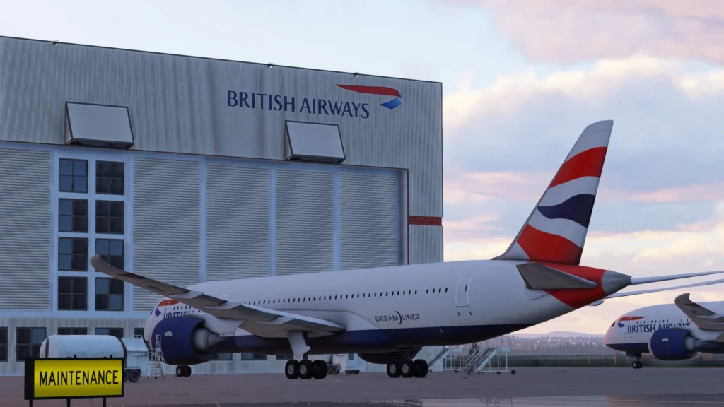 British Airways aircraft parked near maintenance hangar at Cardiff Airport in X-Plane 12, featuring detailed ground environment by SoFly