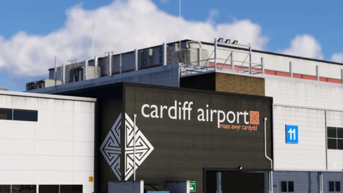 SoFly Cardiff Airport EGFF for X-Plane 12 featuring highly detailed terminal exterior, realistic textures, and immersive airport scenery