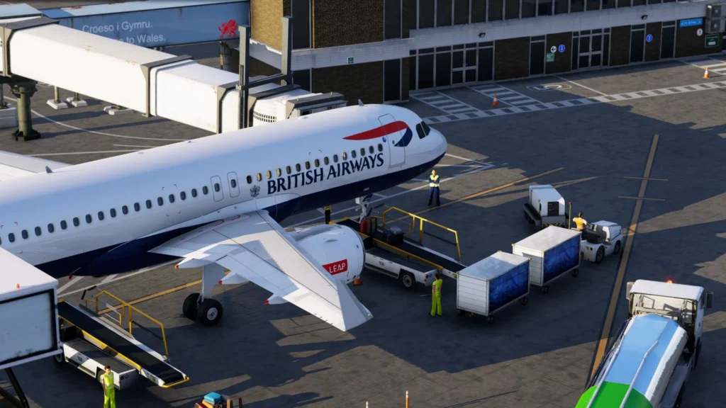 British Airways aircraft at stand in Cardiff Airport X-Plane 12, with ground handling vehicles and detailed apron operations by SoFly