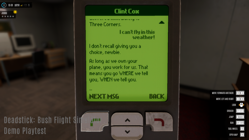 image showing text from boss forcing the player to fly a mission in dangerous weather