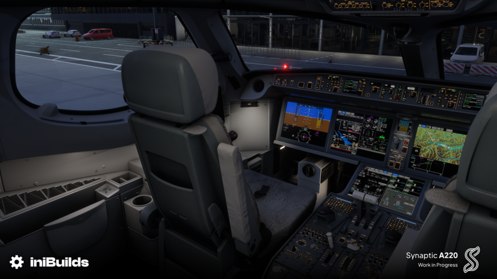 Synaptic Simulations Airbus A220 shown in Microsoft Flight Simulator