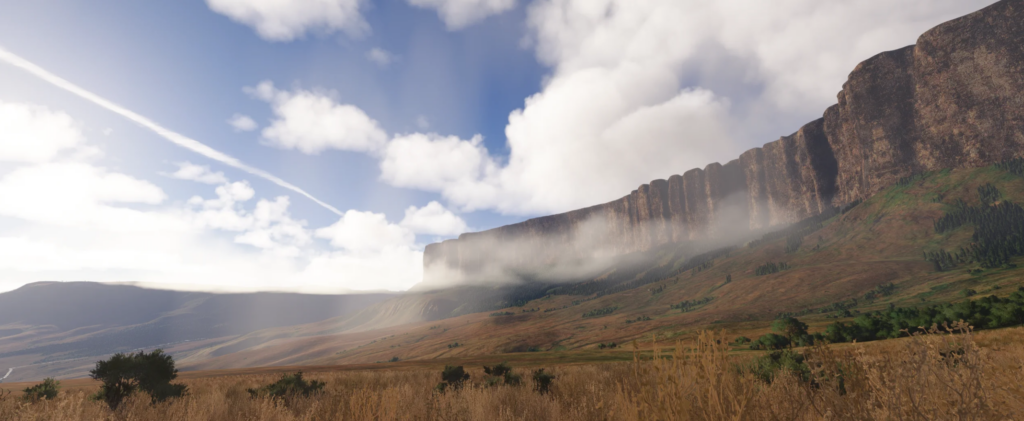 Dynamic aircraft contrails created by SkyTrails for Microsoft Flight Simulator 2024 over mountainous terrain