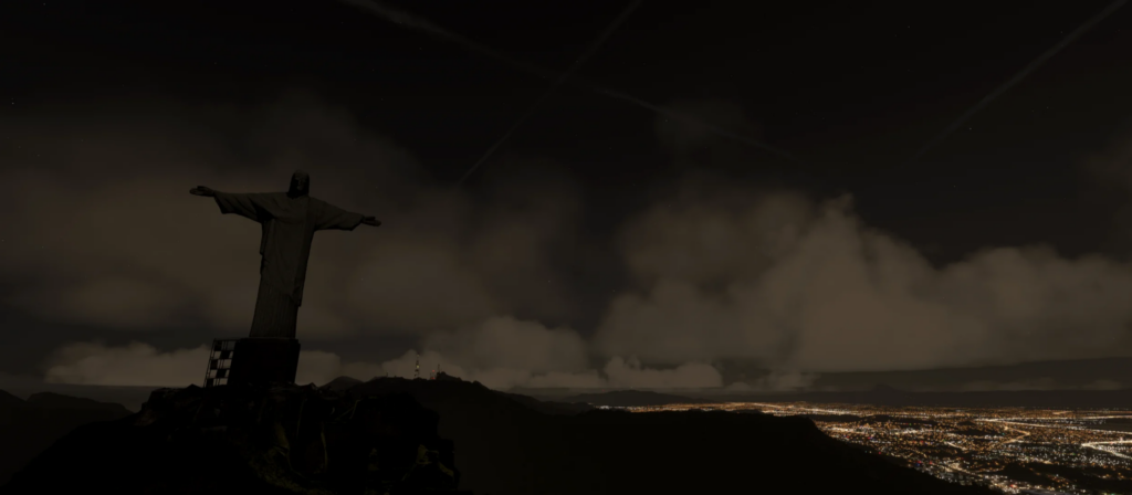 SkyTrails for MSFS 2024 displaying realistic aircraft contrails above Rio de Janeiro at night