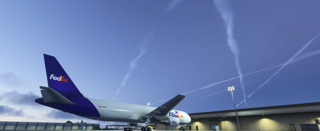 Multiple AI and live traffic contrails generated by SkyTrails for MSFS 2024 above a FedEx cargo aircraft