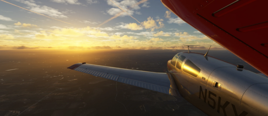SkyTrails enhances MSFS 2024 skies with realistic contrails during a sunset flight