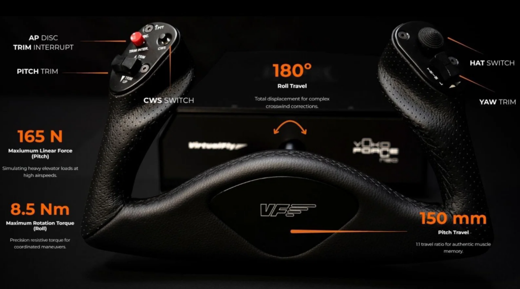 VirtualFly Yoko Force Neo force feedback yoke showing technical specifications and controls