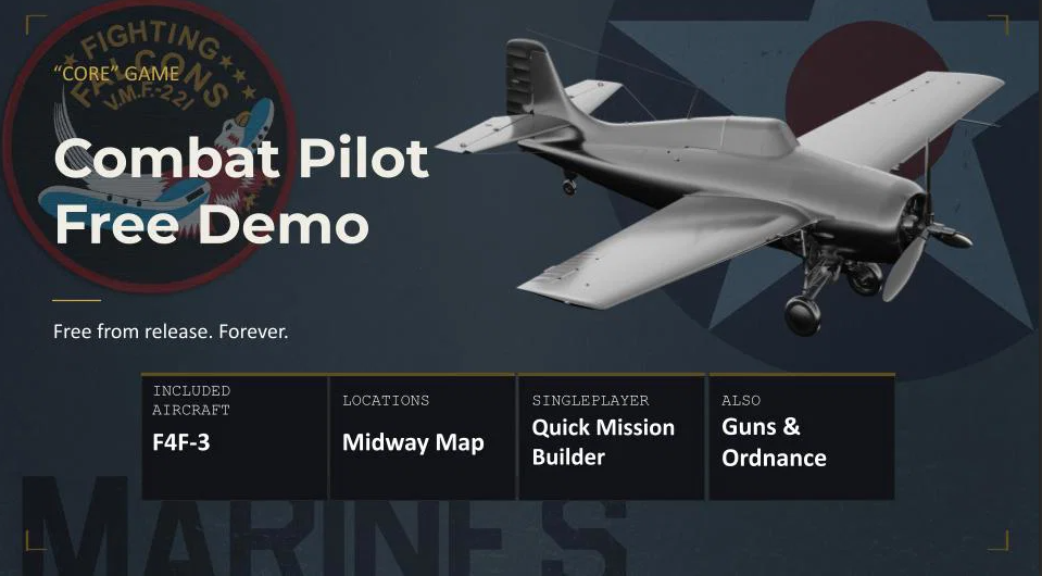 Combat Pilot free demo including the F4F-3 Wildcat, Midway map and mission builder tools