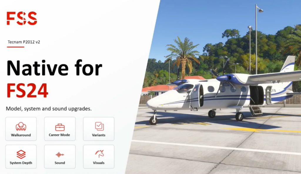 FlightSim Studio Tecnam P2012 native MSFS 2024 update with enhanced systems visuals and sounds