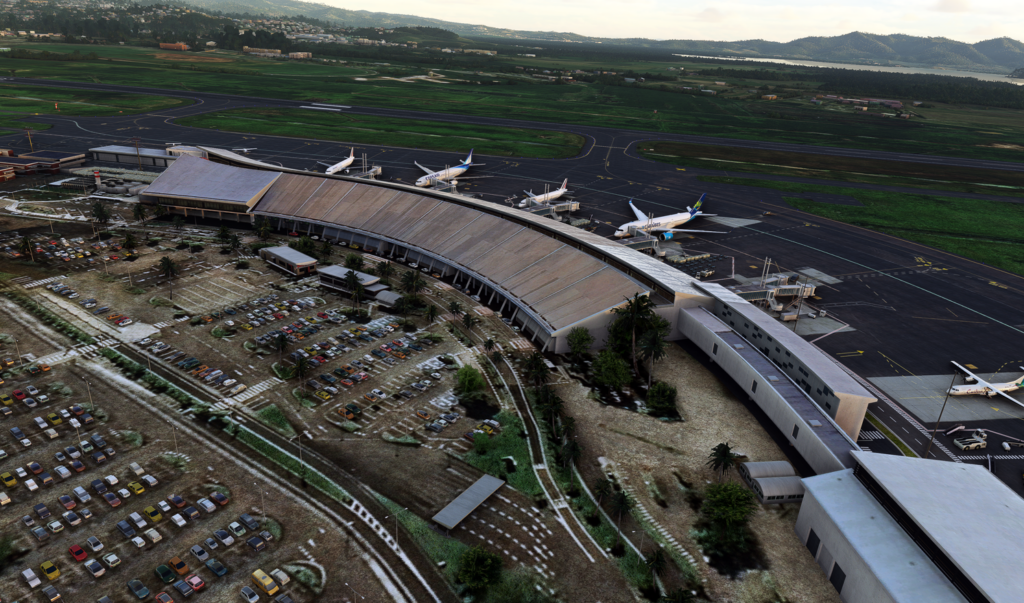 Another perspective of Aime C&eacute;saire International Airport terminal and apron with parked aircraft in Microsoft Flight Simulator