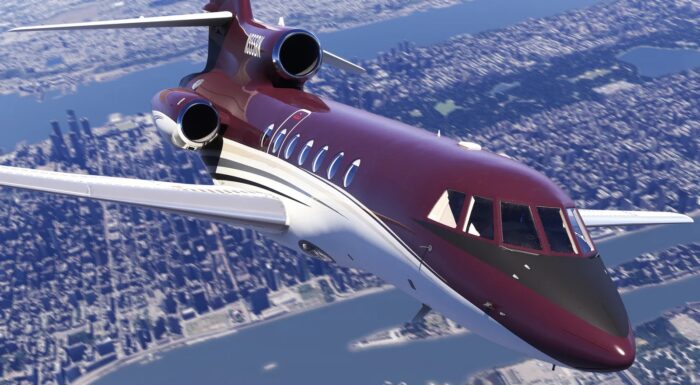 Contrail Dassault Falcon 50 jet in Microsoft Flight Simulator flying above clouds