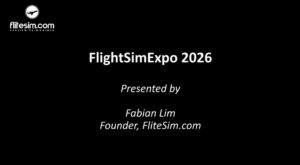 Fabian Lim presenting FliteSim.com products on stage at FSExpo 2026