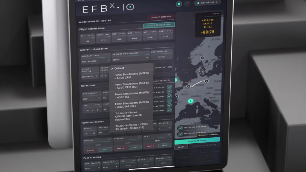 efbX advanced aircraft SimBrief configuration and operational planning dashboard for Microsoft Flight Simulator 2024