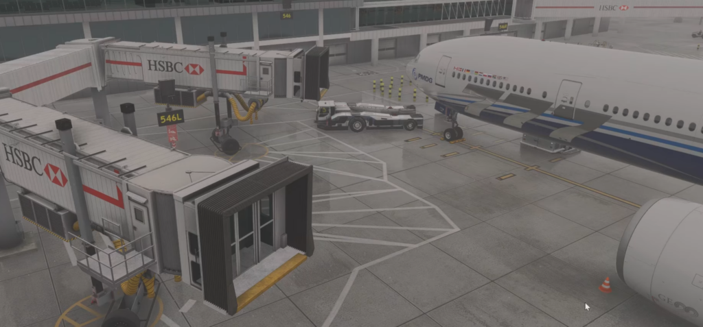 Dual jetways connected to a PMDG Boeing 777 using GSX multi-jetway support at London Heathrow Airport in  MSFS 2024