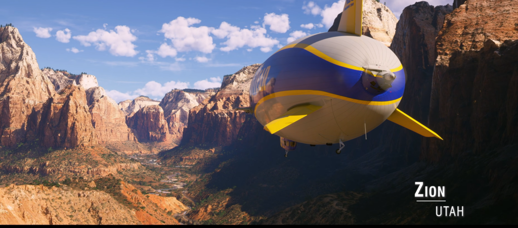 Goodyear Blimp flying over Zion National Park in Microsoft Flight Simulator 2024 World Update 22
