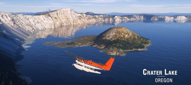 Microsoft Flight Simulator 2024 World Update 22 showcasing Crater Lake National Park in Oregon with enhanced scenery and detailed landscapes