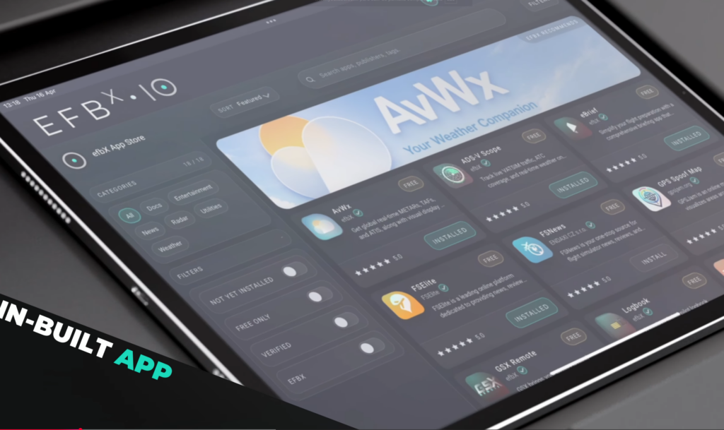 efbX integrated app store featuring weather navigation and flight simulation utilities