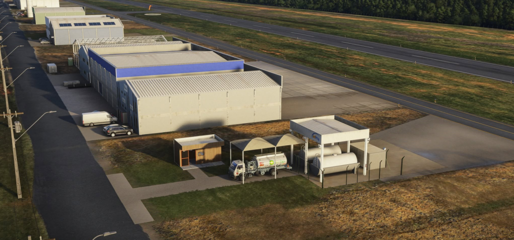 Flyt SJOY Aeroparque Aldeia da Serra scenery for Microsoft Flight Simulator 2024 showing the airport apron and hangars