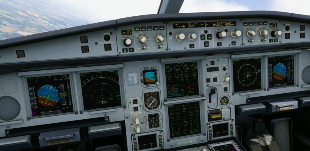 Aerosoft ToLiss A340-600 Pro cockpit showing the ECAM engine 2 failure procedure during a three-engine approach in Microsoft Flight Simulator 2024
