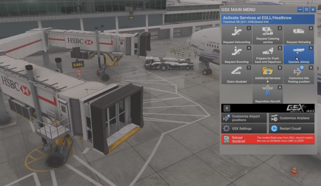GSX Pro menu demonstrating upcoming dual jetway support for a PMDG Boeing 777 in MSFS