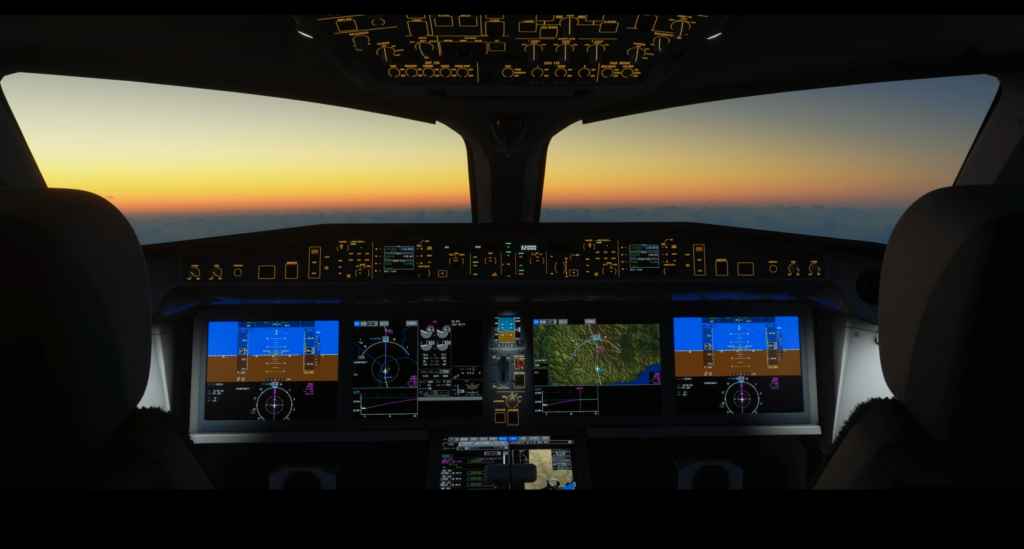 Synaptic Simulations A220 flight deck during cruise in Microsoft Flight Simulator 2024