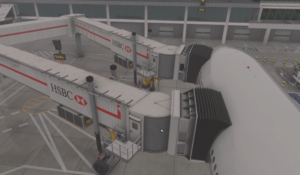 GSX Multi-Jetway Support for MSFS featuring dual passenger boarding bridges connected to a PMDG Boeing 777 at London Heathrow Airport