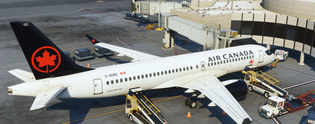 Synaptic Simulations Air Canada Airbus A220-300 with GSX ground services in Microsoft Flight Simulator