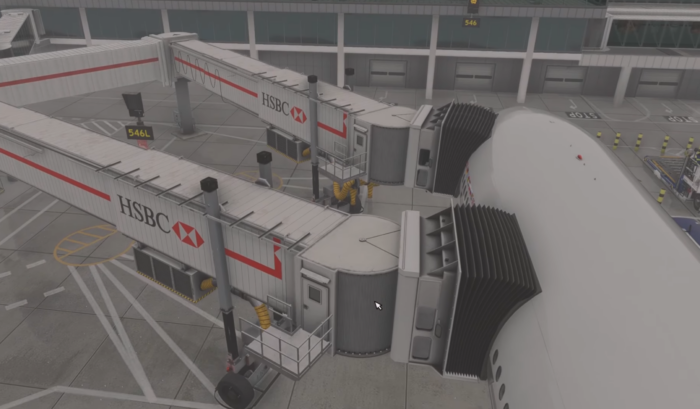 GSX Multi-Jetway Support for MSFS featuring dual passenger boarding bridges connected to a PMDG Boeing 777 at London Heathrow Airport