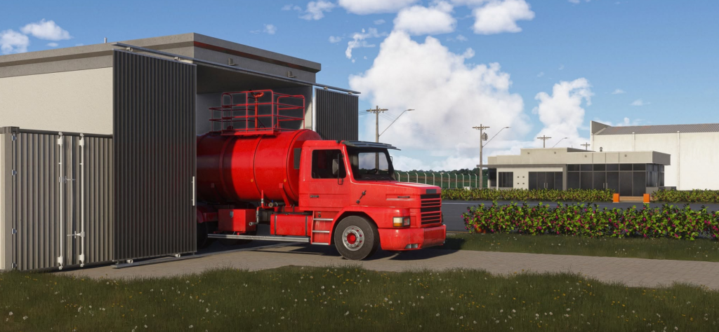 Fuel service vehicle and airport facilities at SJOY Aeroparque Aldeia da Serra for Microsoft Flight Simulator 2024