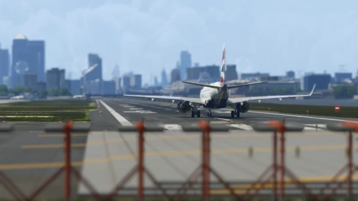 Aircraft parked at London City Airport in Microsoft Flight Simulator 2024 scenery