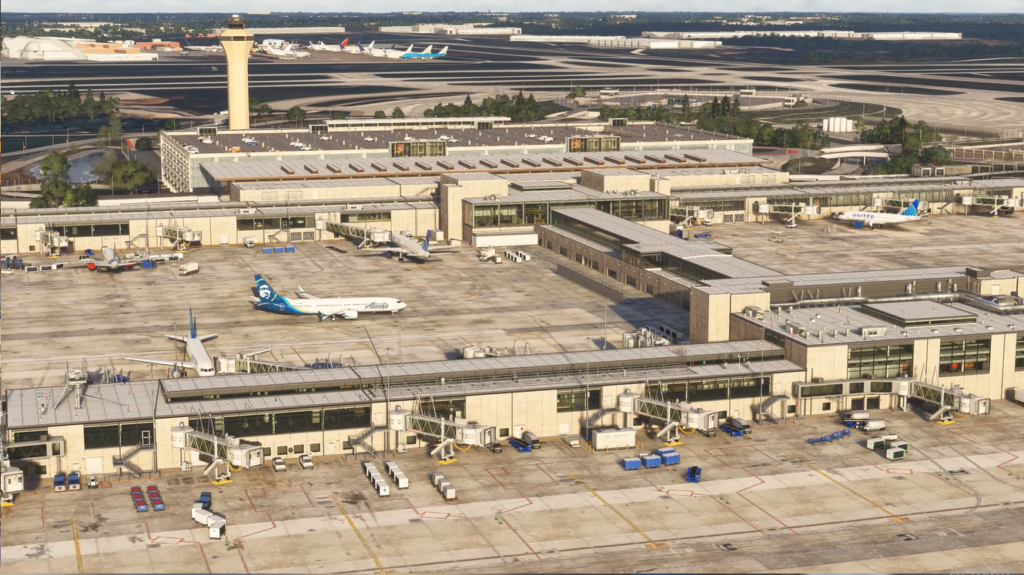Kansas City International Airport terminal and apron in a detailed Microsoft Flight Simulator scenery render