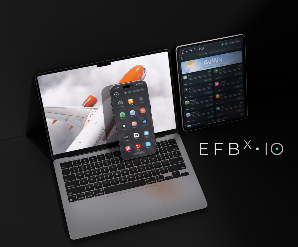 efbX electronic flight bag platform for Microsoft Flight Simulator 2024 displayed across laptop tablet and mobile devices
