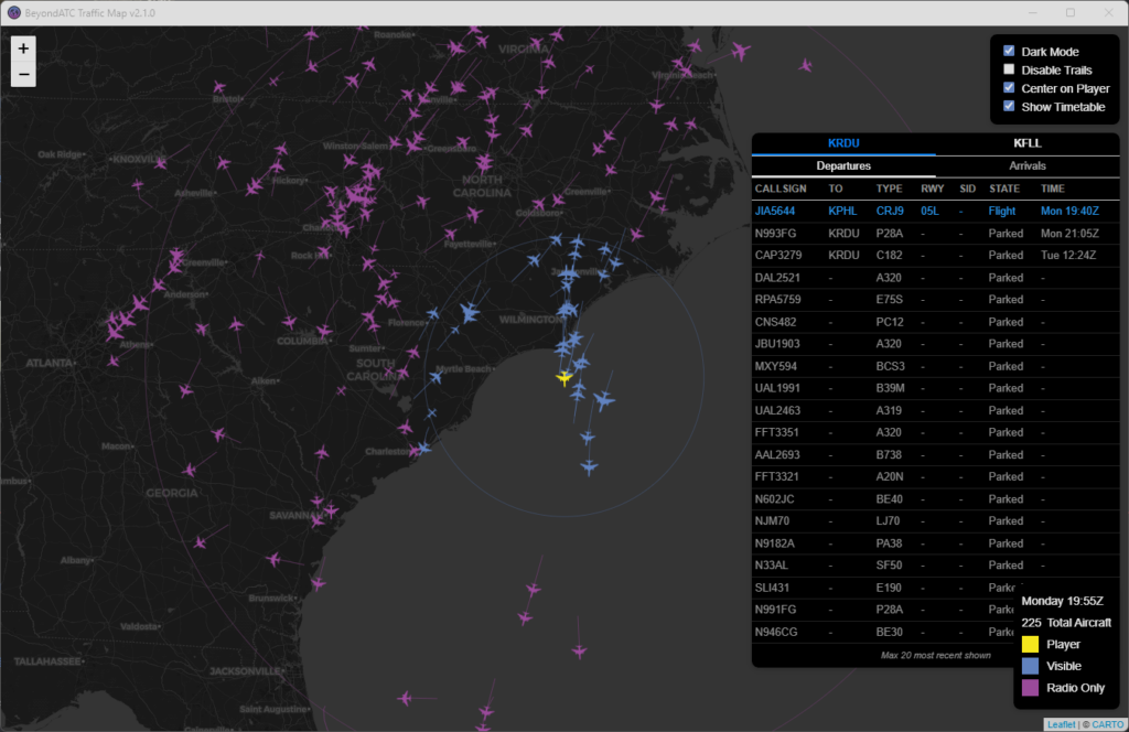 BeyondATC Live Traffic Map displaying real-world aircraft positions powered by FlightRadar24 and Navigraph in Microsoft Flight Simulator 