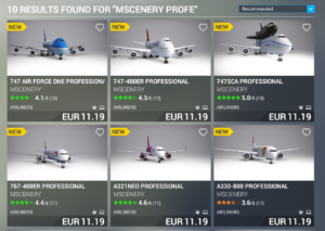 Microsoft Flight Simulator Marketplace listing showing MScenery products before their removal from the in-game Marketplace
