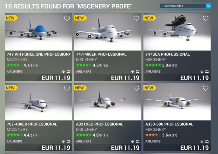Microsoft Flight Simulator Marketplace listing showing MScenery products before their removal from the in-game Marketplace