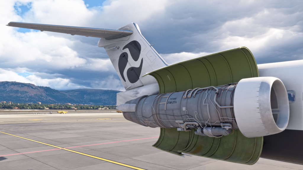 Close-up of the Maddog&rsquo;s tail and right engine on the apron, with the engine cowling open.