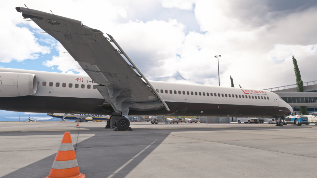 Leonardo Software House Fly the Maddog aircraft on the apron in Microsoft Flight Simulator with slats extended.