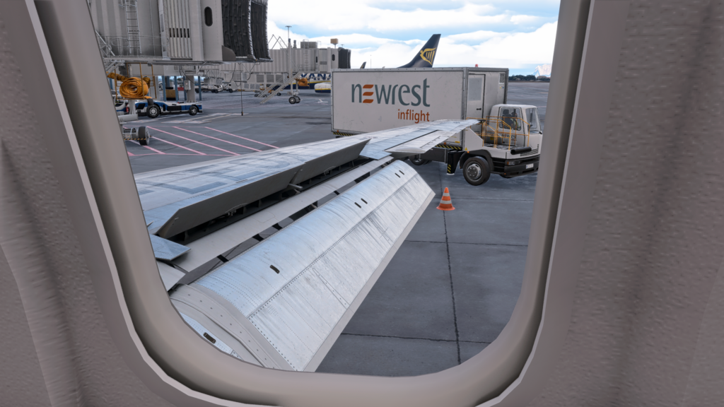 Right wing view from the cabin, with spoilers deployed and full flaps extended.