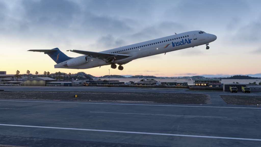 Fly the Maddog MD-82 in InselAir livery taking off from St. Maarten at sunset.
